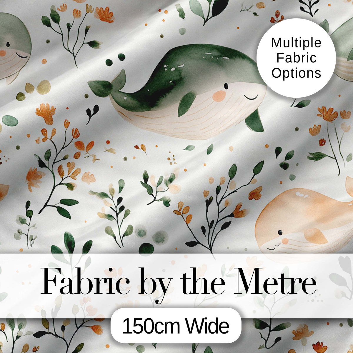 Cute Baby Whale Ocean Floral Watercolor Seamless Pattern Digital Print Fabric by the Metre UK Sewing Quilting Textile