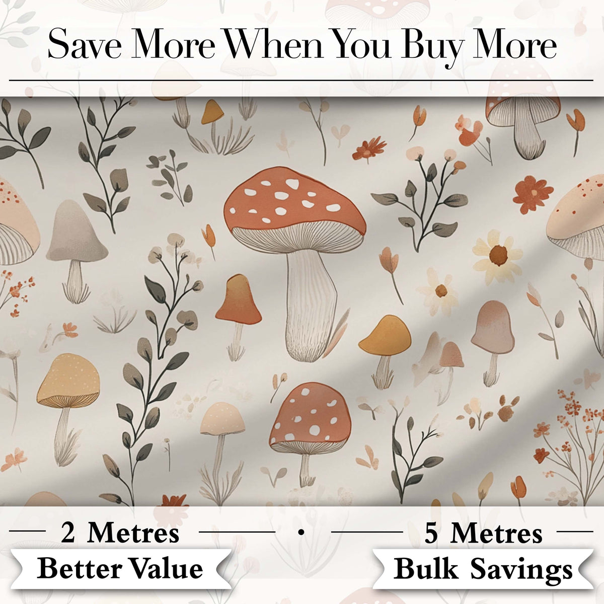 Whimsical Forest Mushroom Botanical Soft Seamless Pattern Digital Print Fabric by the Metre UK Sewing Quilting Textile