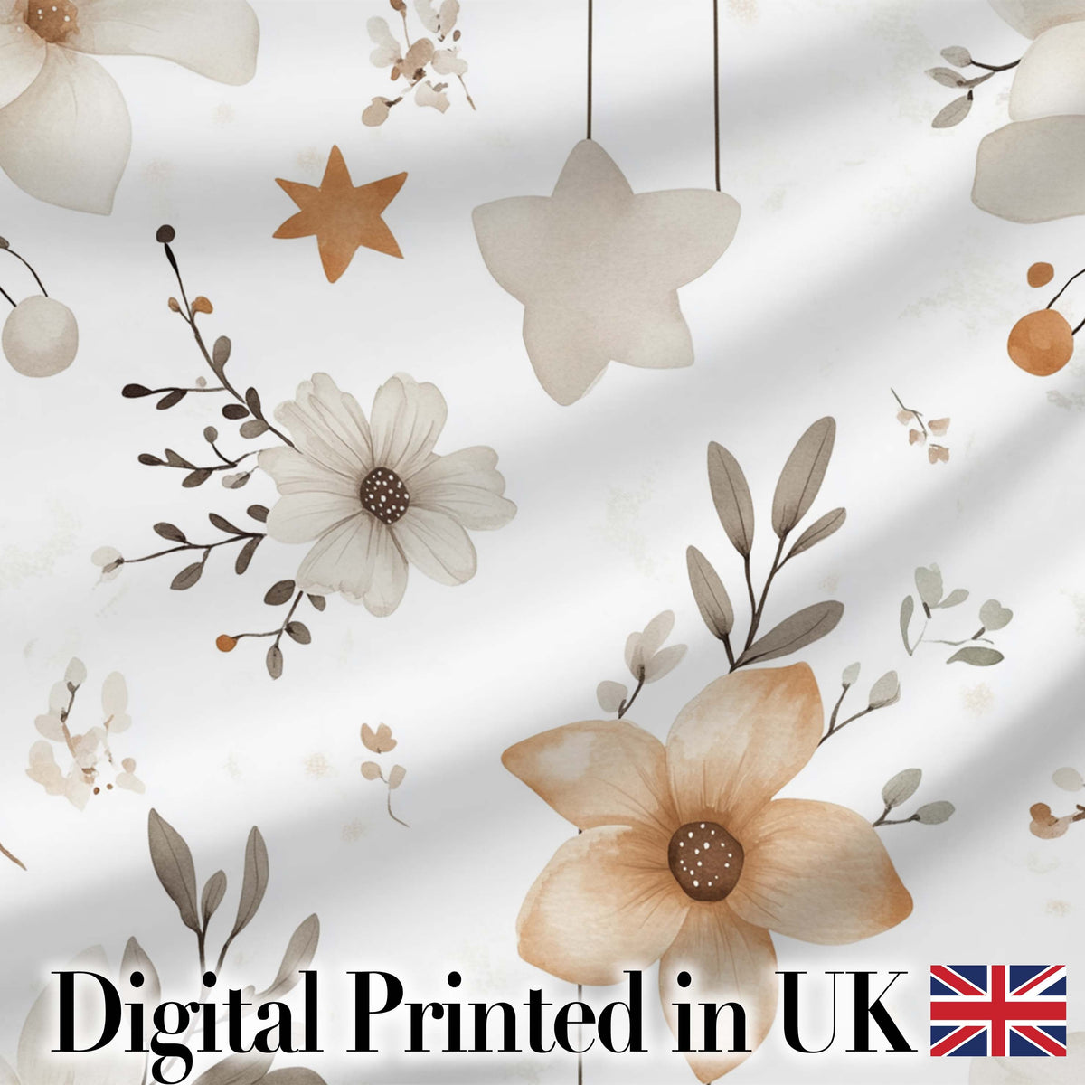 Neutral Floral Star Nursery Watercolor Seamless Pattern Digital Print Fabric by the Metre UK Sewing Quilting Textile