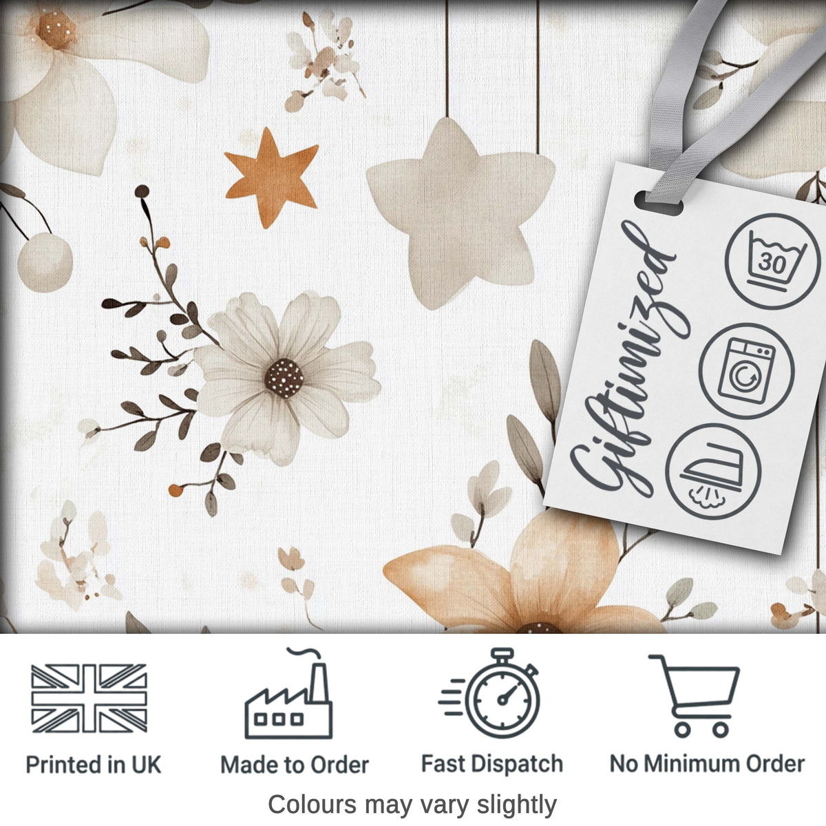 Neutral Floral Star Nursery Watercolor Seamless Pattern Digital Print Fabric by the Metre UK Sewing Quilting Textile