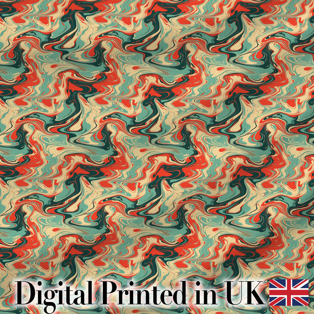 Retro Orange Teal Swirl Marble Seamless Pattern Digital Print Fabric by the Metre UK Sewing Quilting Textile