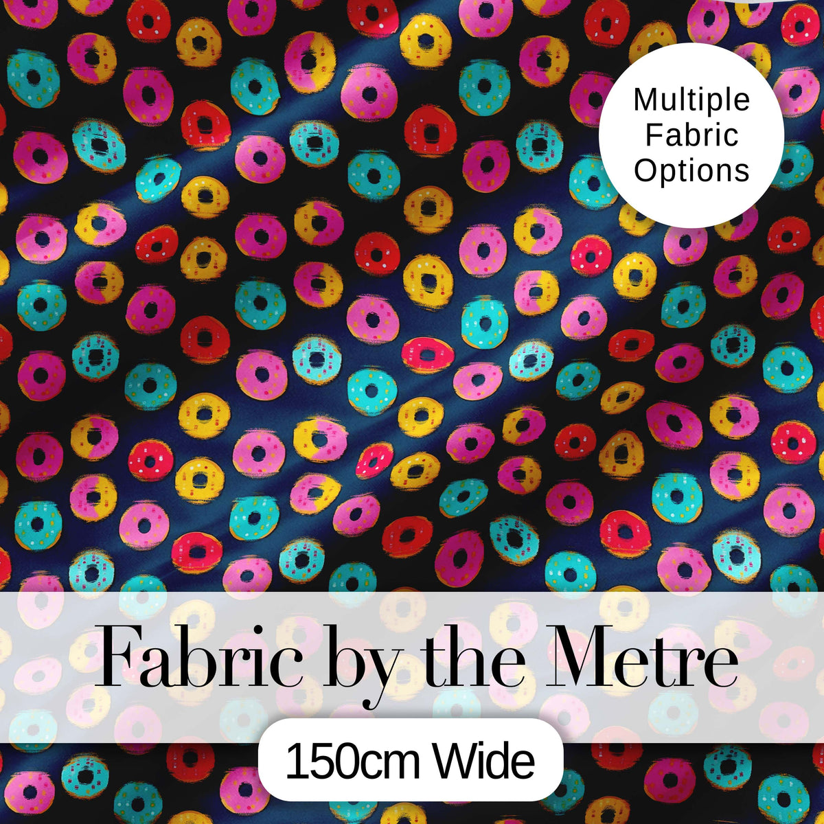 Colorful Donut Pattern on Dark Blue Background Seamless Pattern Digital Print Fabric by the Metre UK Sewing Textile