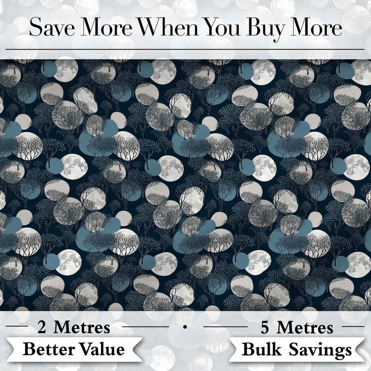Moonlit Forest Trees and Abstract Circles on Dark Blue Seamless Pattern Digital Print Fabric by the Metre UK Sewing Quilting Textile