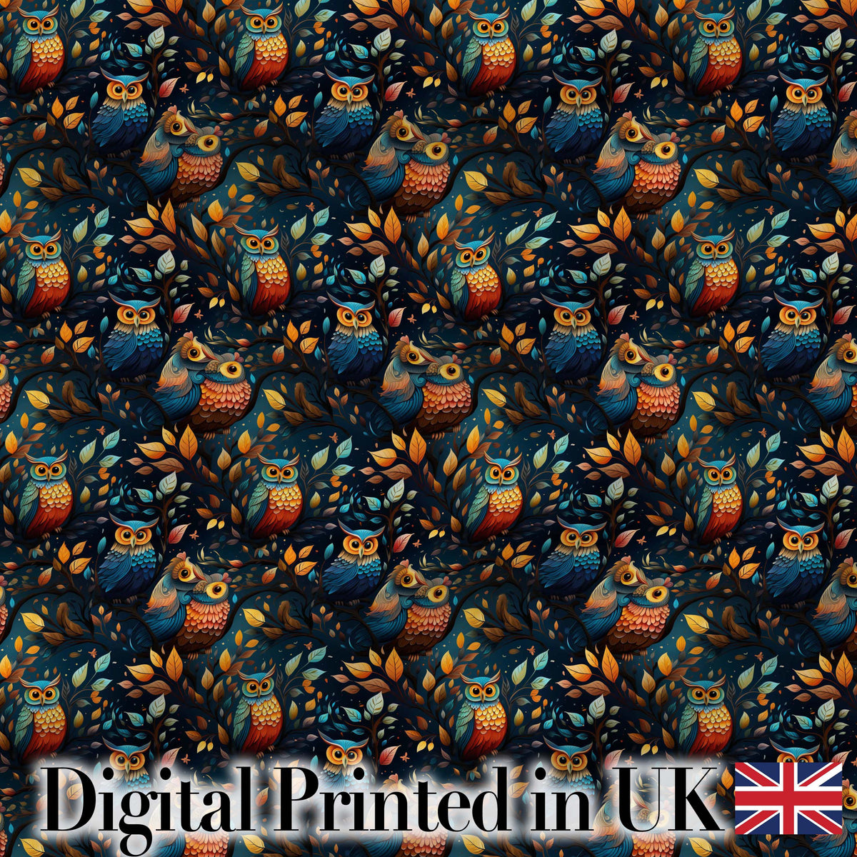 Colorful Autumn Owl Birds with Leaves Night Background Seamless Pattern Digital Print Fabric by the Metre UK Sewing Quilting Textile