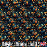 Colorful Autumn Owl Birds with Leaves Night Background Seamless Pattern Digital Print Fabric by the Metre UK Sewing Quilting Textile