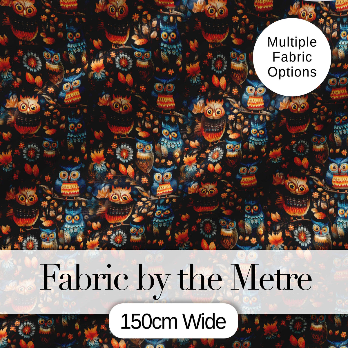 Vibrant Floral Owl Birds Pattern with Autumn Leaves Seamless Pattern Digital Print Fabric by the Metre UK Sewing Quilting Textile