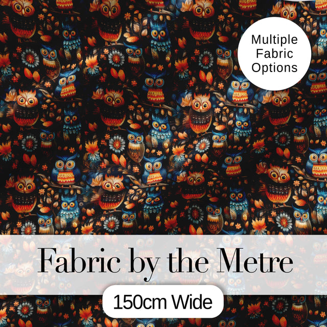 Vibrant Floral Owl Birds Pattern with Autumn Leaves Seamless Pattern Digital Print Fabric by the Metre UK Sewing Quilting Textile