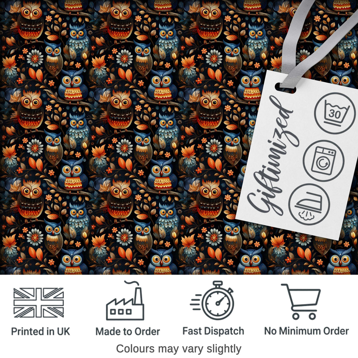 Vibrant Floral Owl Birds Pattern with Autumn Leaves Seamless Pattern Digital Print Fabric by the Metre UK Sewing Quilting Textile