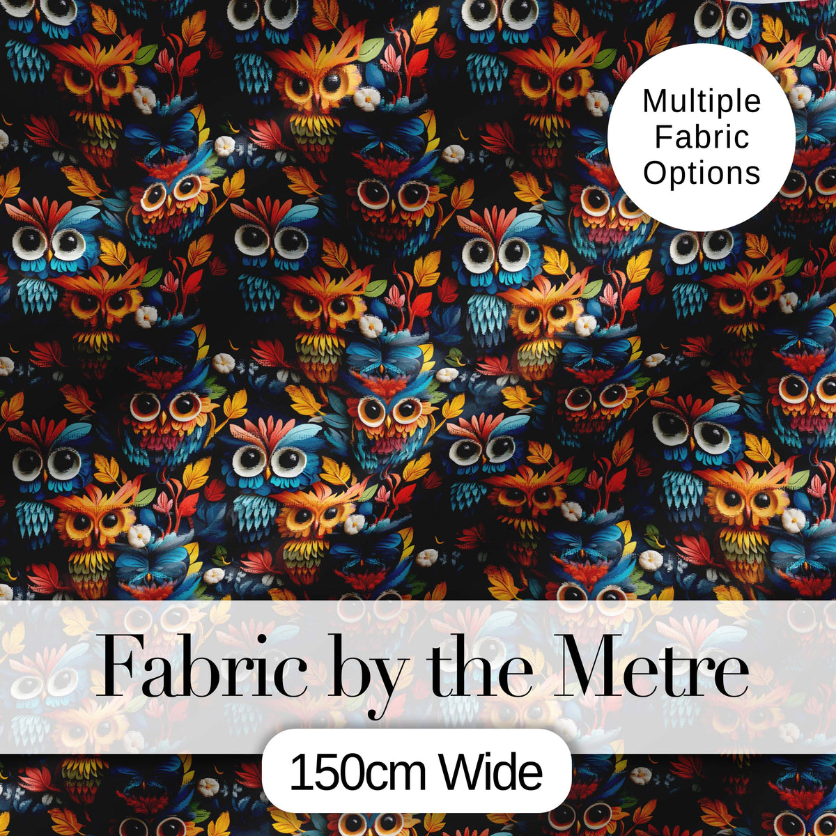 Colorful Cute Owl Birds with Autumn Leaves Dark Background Seamless Pattern Digital Print Fabric by the Metre UK Sewing Quilting Textile