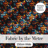 Colorful Cute Owl Birds with Autumn Leaves Dark Background Seamless Pattern Digital Print Fabric by the Metre UK Sewing Quilting Textile