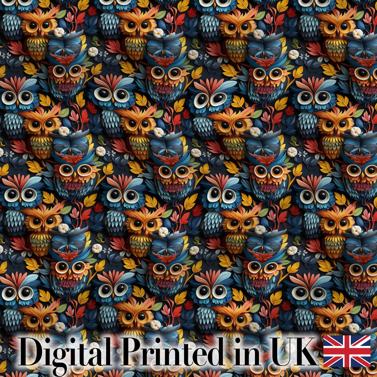 Colorful Cute Owl Birds with Autumn Leaves Dark Background Seamless Pattern Digital Print Fabric by the Metre UK Sewing Quilting Textile