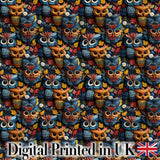 Colorful Cute Owl Birds with Autumn Leaves Dark Background Seamless Pattern Digital Print Fabric by the Metre UK Sewing Quilting Textile