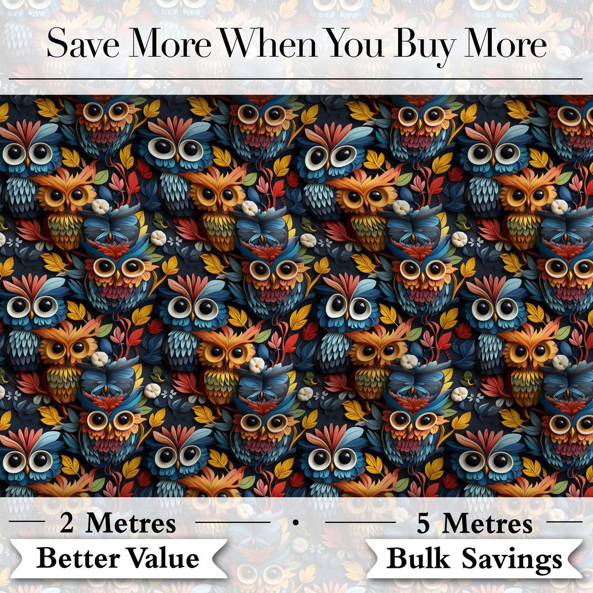 Colorful Cute Owl Birds with Autumn Leaves Dark Background Seamless Pattern Digital Print Fabric by the Metre UK Sewing Quilting Textile