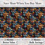 Colorful Cute Owl Birds with Autumn Leaves Dark Background Seamless Pattern Digital Print Fabric by the Metre UK Sewing Quilting Textile