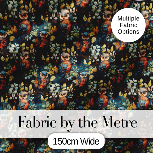 Realistic Owl Birds Sitting on Branches with Leaves Seamless Pattern Digital Print Fabric by the Metre UK Sewing Quilting Textile