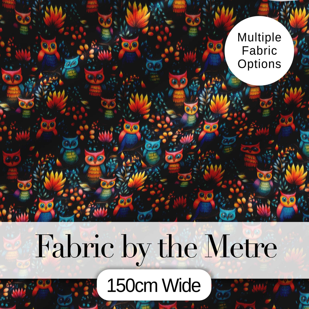 Bright Cute Owl Birds with Colorful Leaves Night Background Seamless Pattern Digital Print Fabric by the Metre UK Sewing Quilting Textile
