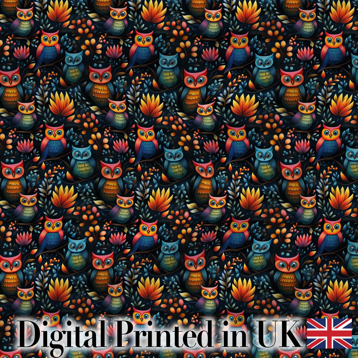 Bright Cute Owl Birds with Colorful Leaves Night Background Seamless Pattern Digital Print Fabric by the Metre UK Sewing Quilting Textile