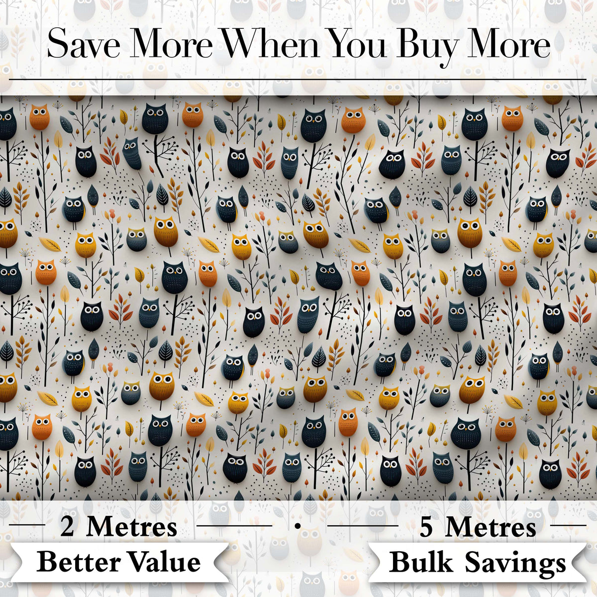 Simple Cute Owl Birds with Autumn Leaves Light Background Seamless Pattern Digital Print Fabric by the Metre UK Sewing Quilting Textile