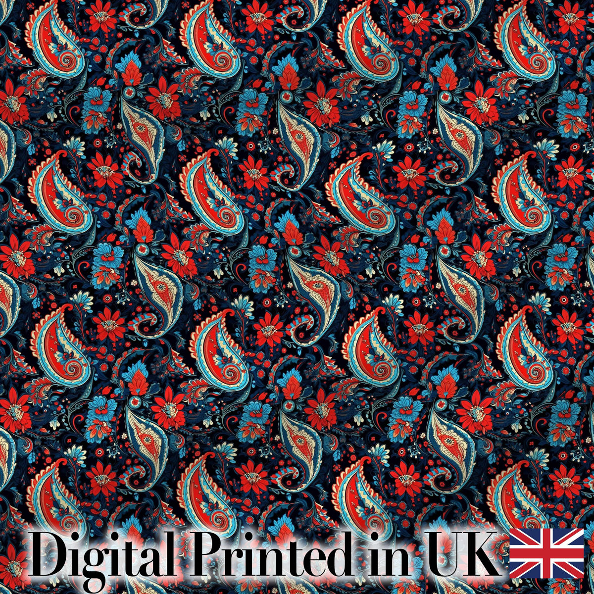 Bold Paisley Floral Pattern with Dark Blue Background Seamless Digital Print Fabric by the Metre UK Sewing Quilting Textile