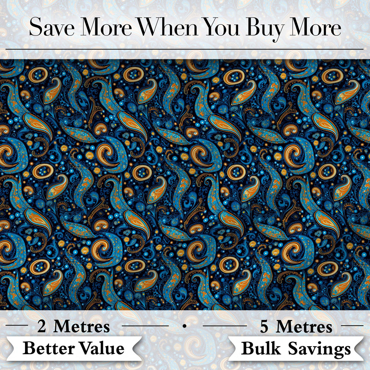 Blue Gold Paisley Ornate Floral Pattern Elegant Vintage Textile Design Digital Print Fabric by the Metre UK Sewing Quilting Textile