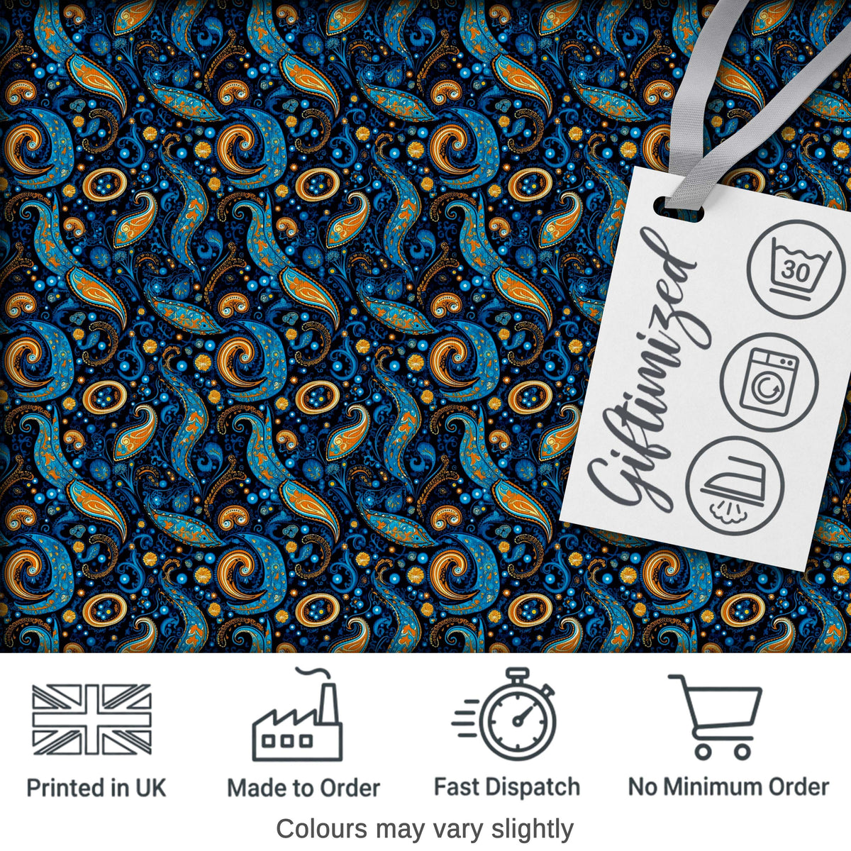 Blue Gold Paisley Ornate Floral Pattern Elegant Vintage Textile Design Digital Print Fabric by the Metre UK Sewing Quilting Textile