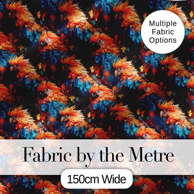 Vibrant Macaw Parrot Tropical Bird Seamless Pattern Dark Exotic Jungle Textile Digital Print Fabric by the Metre UK Sewing Quilting Textile