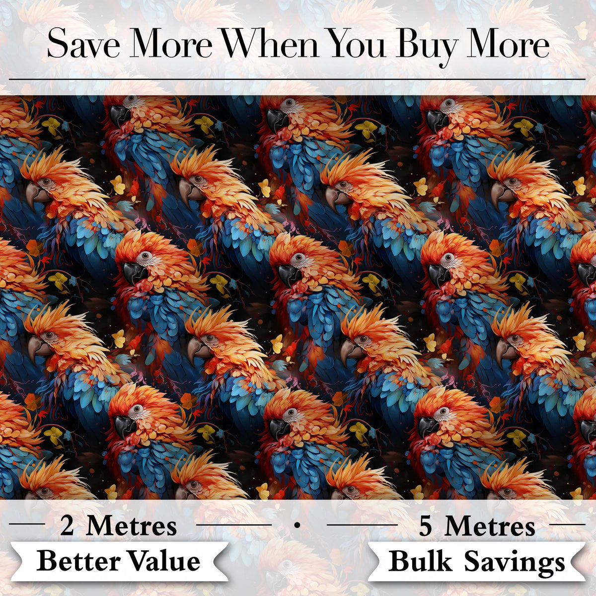 Vibrant Macaw Parrot Tropical Bird Seamless Pattern Dark Exotic Jungle Textile Digital Print Fabric by the Metre UK Sewing Quilting Textile