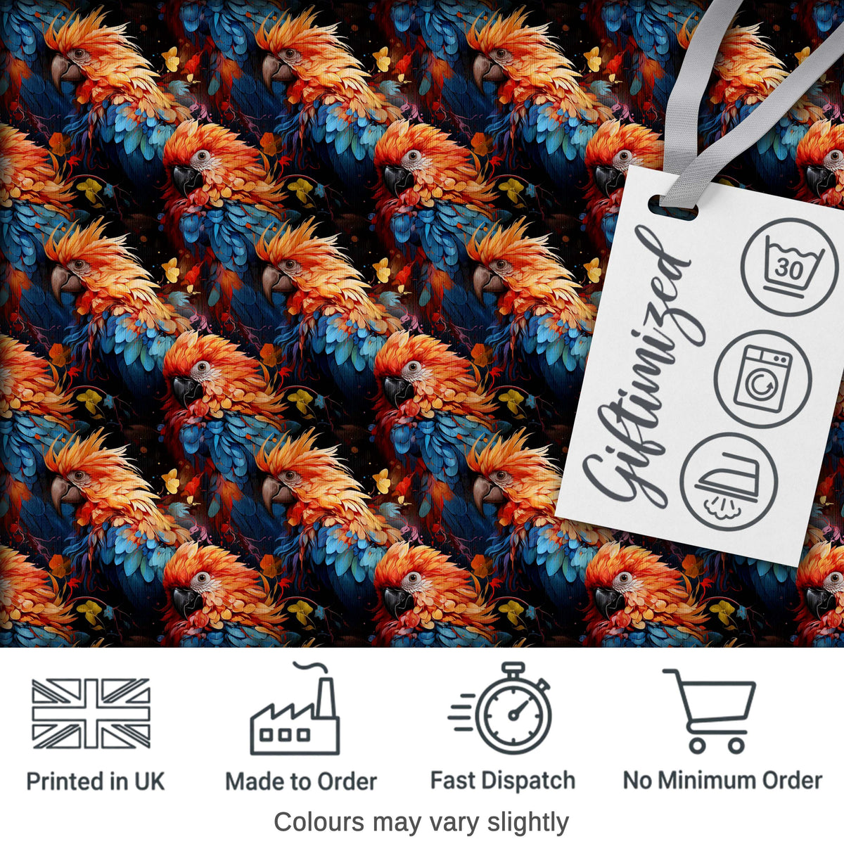 Vibrant Macaw Parrot Tropical Bird Seamless Pattern Dark Exotic Jungle Textile Digital Print Fabric by the Metre UK Sewing Quilting Textile