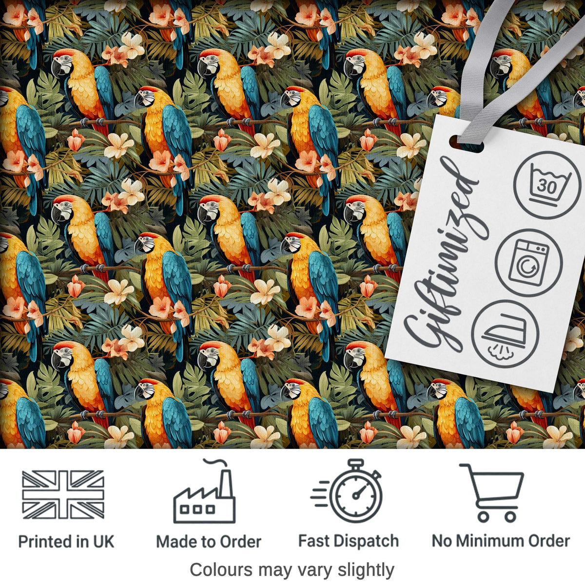 Bright Macaw Parrot Tropical Floral Seamless Pattern Exotic Jungle Textile Digital Print Fabric by the Metre UK Sewing Quilting Textile