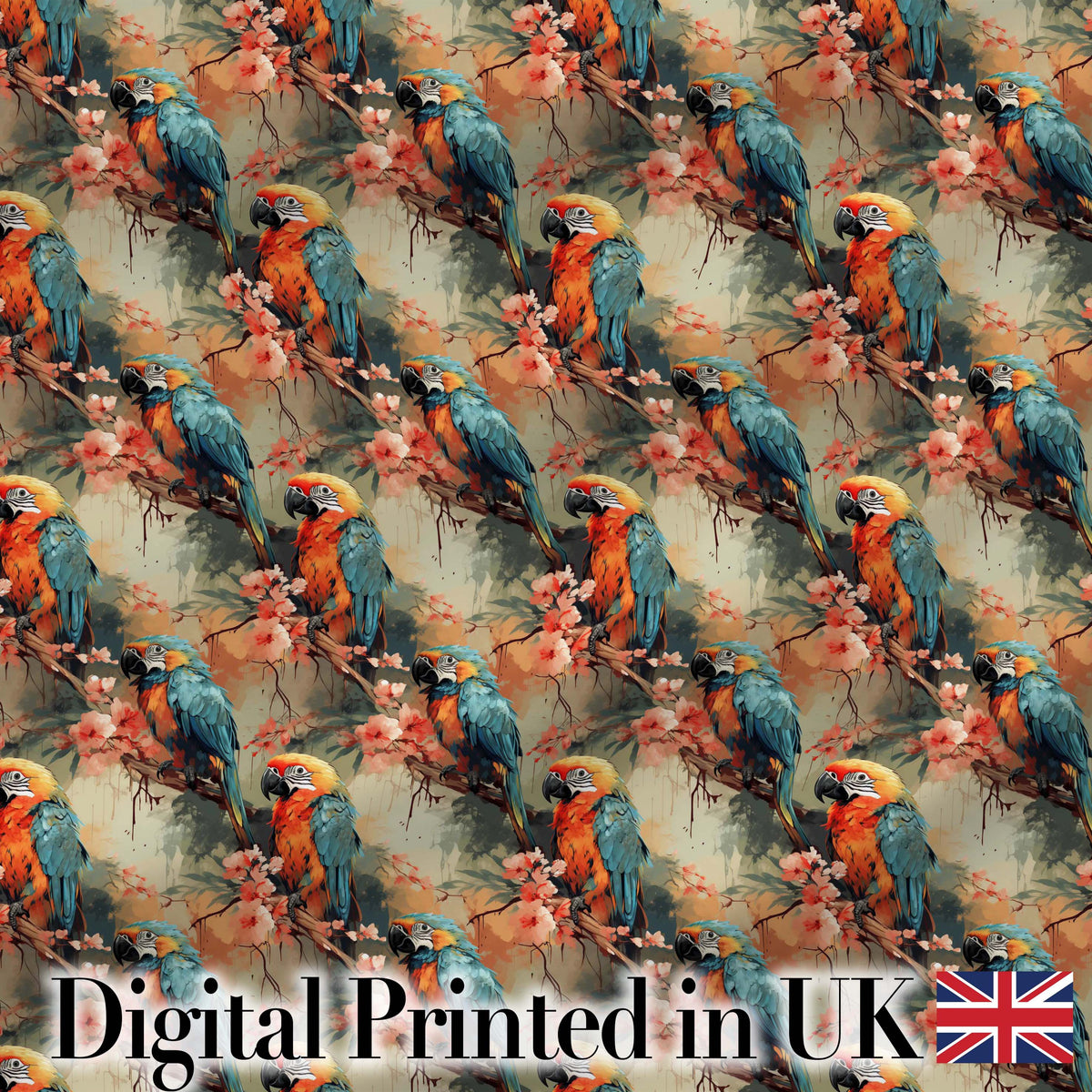 Exotic Parrot Birds with Blossom Branch Seamless Pattern Artistic Jungle Fabric Digital Print Fabric by the Metre UK Sewing Quilting Textile