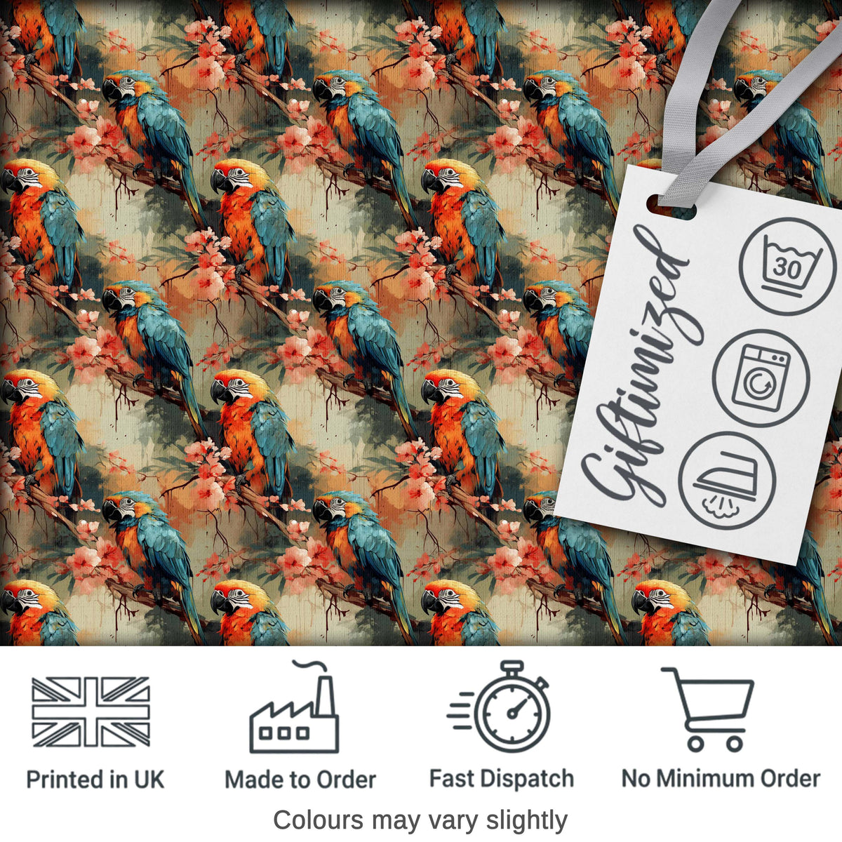 Exotic Parrot Birds with Blossom Branch Seamless Pattern Artistic Jungle Fabric Digital Print Fabric by the Metre UK Sewing Quilting Textile