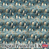 Adorable Penguin Birds Floral Meadow Seamless Pattern Soft Blue Textile Fabric Digital Print Fabric by the Metre UK Sewing Quilting Textile