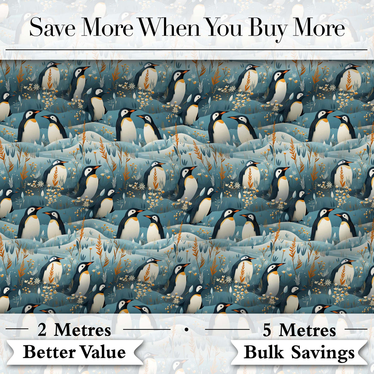 Adorable Penguin Birds Floral Meadow Seamless Pattern Soft Blue Textile Fabric Digital Print Fabric by the Metre UK Sewing Quilting Textile