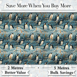 Adorable Penguin Birds Floral Meadow Seamless Pattern Soft Blue Textile Fabric Digital Print Fabric by the Metre UK Sewing Quilting Textile