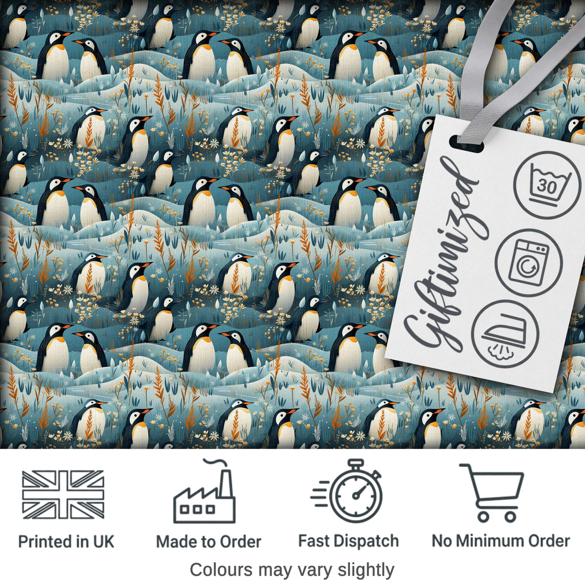 Adorable Penguin Birds Floral Meadow Seamless Pattern Soft Blue Textile Fabric Digital Print Fabric by the Metre UK Sewing Quilting Textile