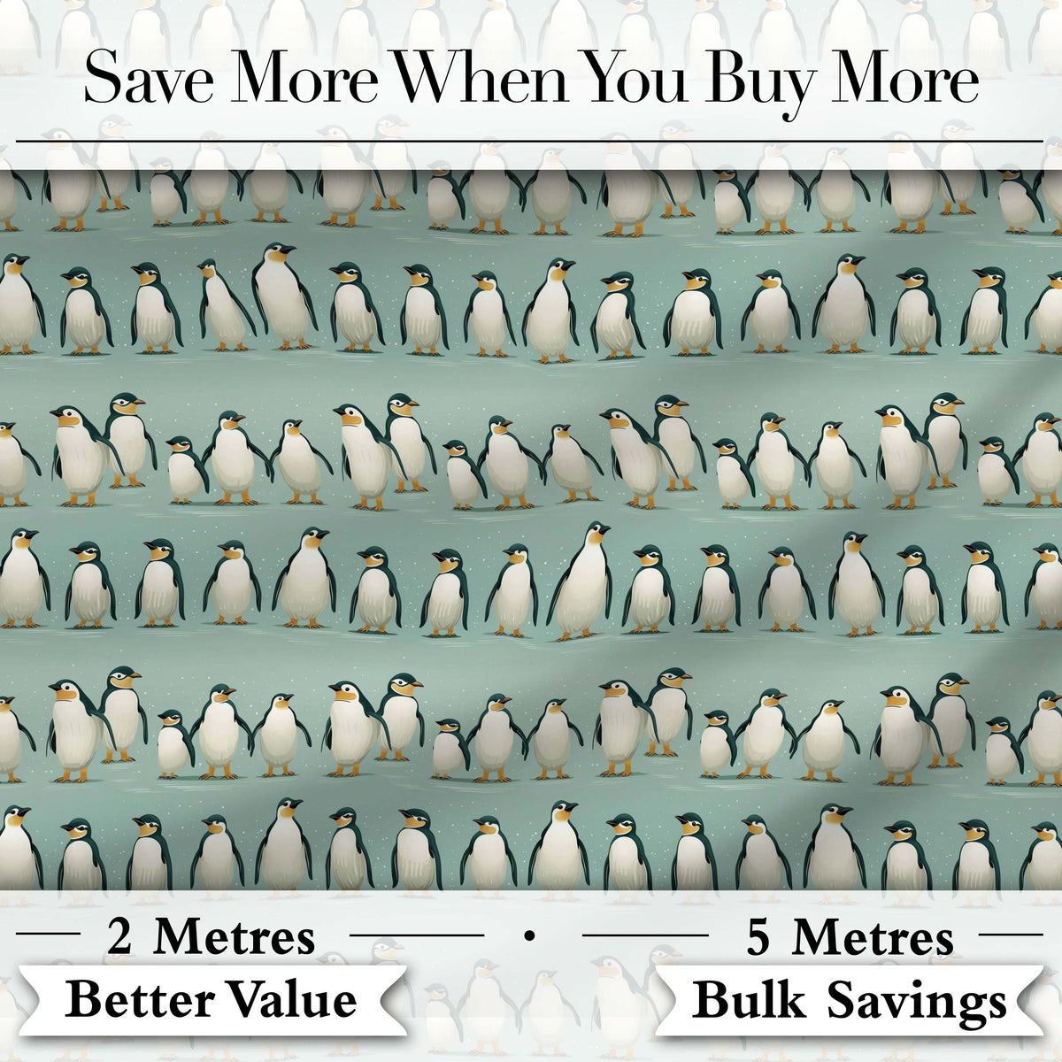 Cute Penguin Family Rows Minimal Seamless Pattern Soft Blue Background Fabric Digital Print Fabric by the Metre UK Sewing Quilting Textile