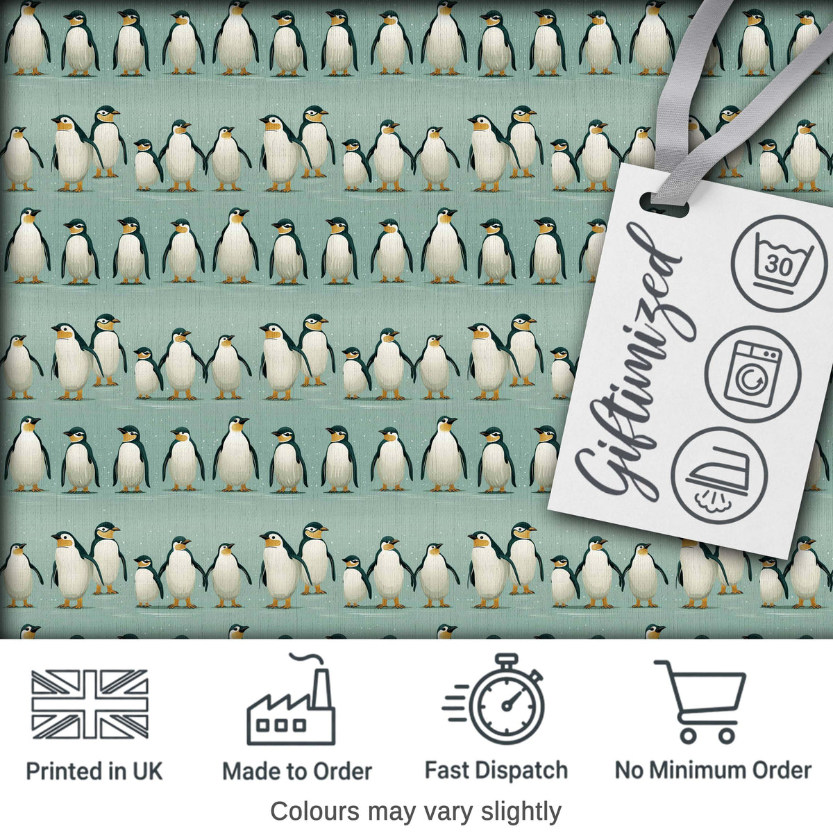 Cute Penguin Family Rows Minimal Seamless Pattern Soft Blue Background Fabric Digital Print Fabric by the Metre UK Sewing Quilting Textile