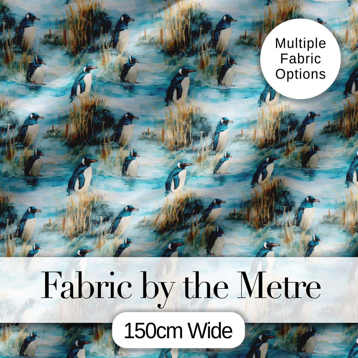 Penguin Birds by Water Grassland Seamless Pattern Artistic Nature Fabric Digital Print Fabric by the Metre UK Sewing Quilting Textile