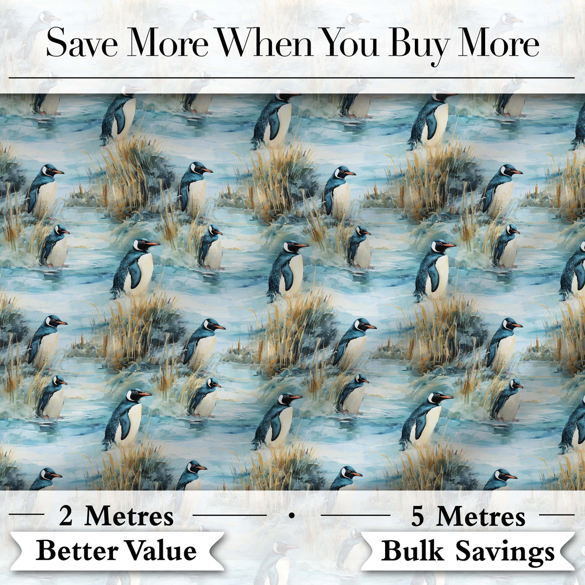 Penguin Birds by Water Grassland Seamless Pattern Artistic Nature Fabric Digital Print Fabric by the Metre UK Sewing Quilting Textile