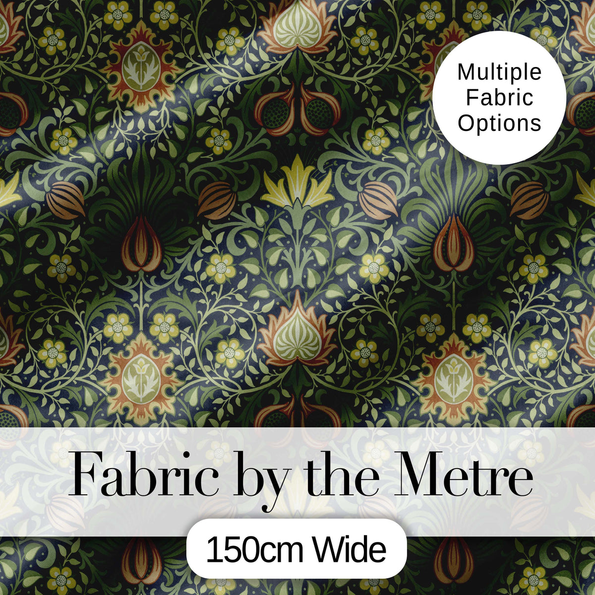 Ornate William Morris Style Floral Pattern Green Botanical Textile Fabric Digital Print Fabric by the Metre UK Sewing Quilting Textile