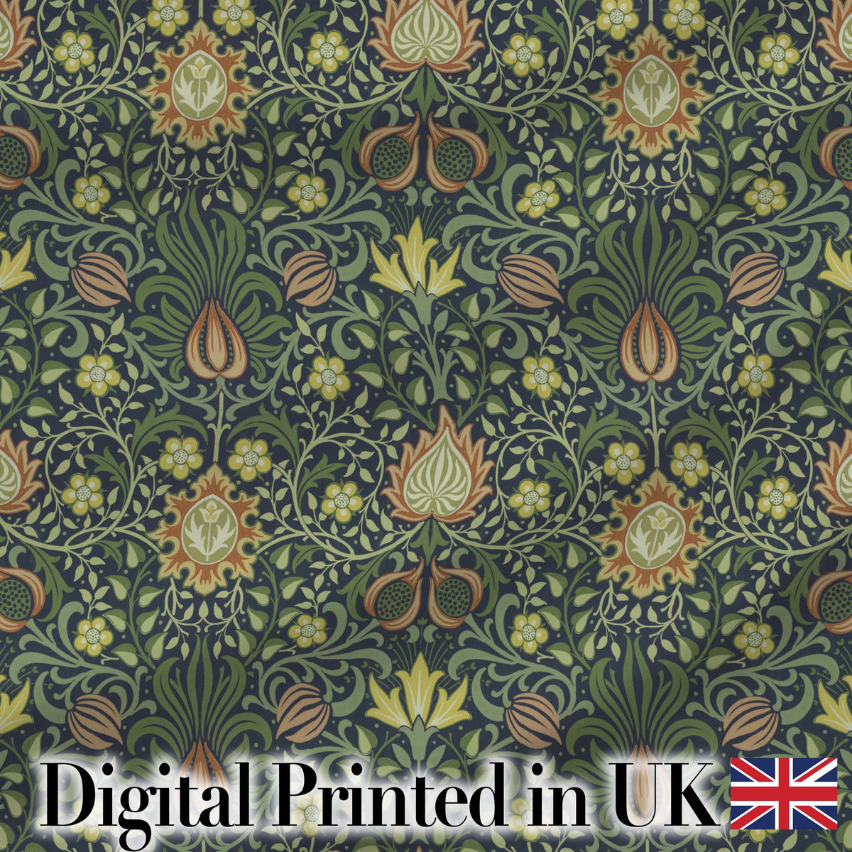 Ornate William Morris Style Floral Pattern Green Botanical Textile Fabric Digital Print Fabric by the Metre UK Sewing Quilting Textile