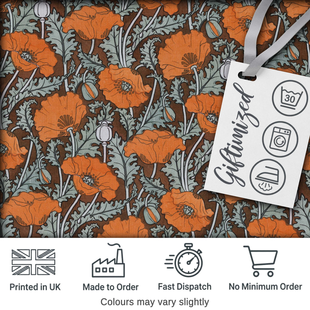 Retro Orange Poppy Flowers Seamless Pattern Botanical Floral Fabric Digital Print Fabric by the Metre UK Sewing Quilting Textile