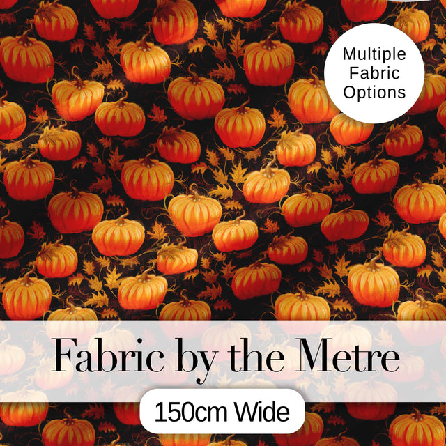 Autumn Pumpkins and Falling Leaves Seamless Pattern Dark Background Fabric Digital Print Fabric by the Metre UK Sewing Quilting Textile