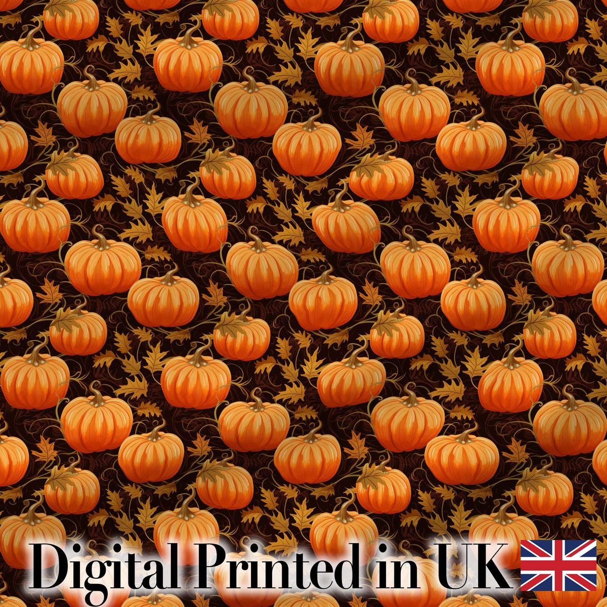 Autumn Pumpkins and Falling Leaves Seamless Pattern Dark Background Fabric Digital Print Fabric by the Metre UK Sewing Quilting Textile