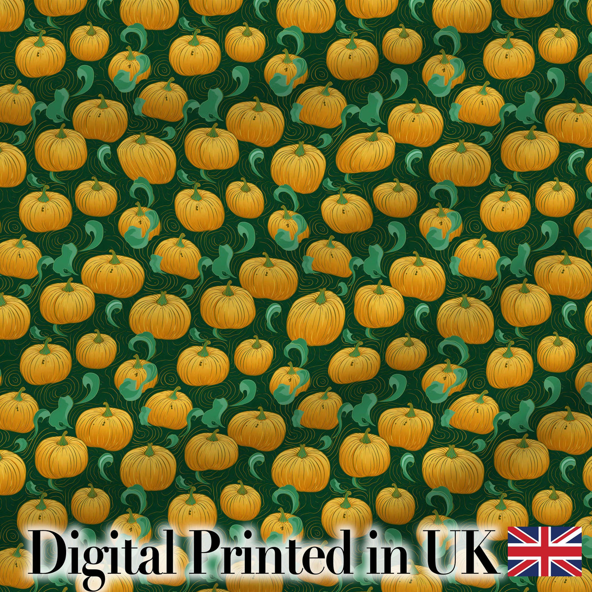 Golden Pumpkin Harvest with Swirling Vines Seamless Green Background Fabric Digital Print Fabric by the Metre UK Sewing Quilting Textile