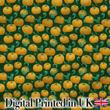 Golden Pumpkin Harvest with Swirling Vines Seamless Green Background Fabric Digital Print Fabric by the Metre UK Sewing Quilting Textile