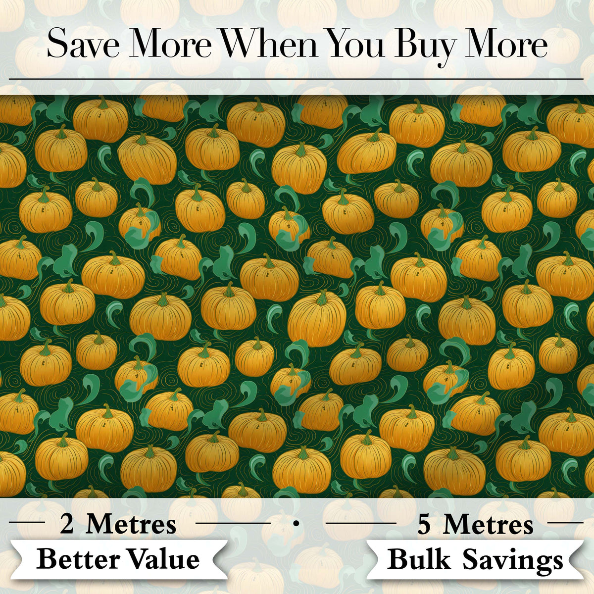 Golden Pumpkin Harvest with Swirling Vines Seamless Green Background Fabric Digital Print Fabric by the Metre UK Sewing Quilting Textile