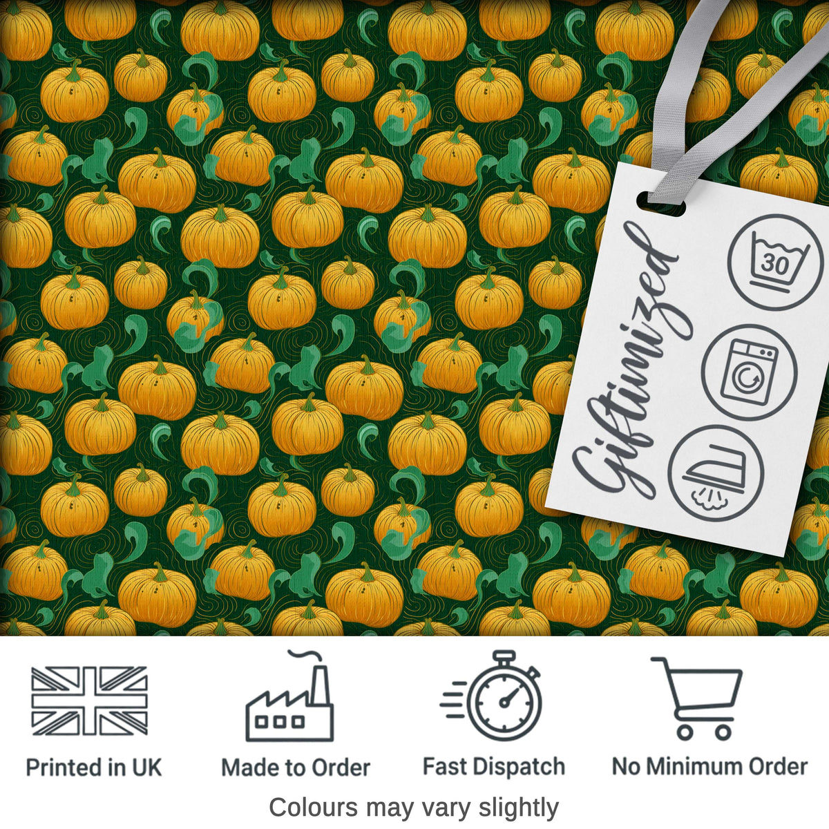 Golden Pumpkin Harvest with Swirling Vines Seamless Green Background Fabric Digital Print Fabric by the Metre UK Sewing Quilting Textile