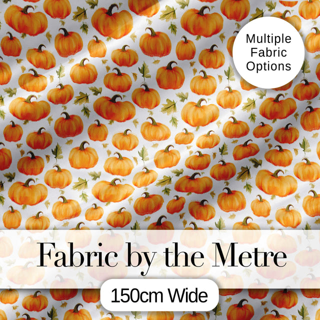 Watercolor Pumpkins and Leaves Seamless Pattern Soft White Background Fabric Digital Print Fabric by the Metre UK Sewing Quilting Textile