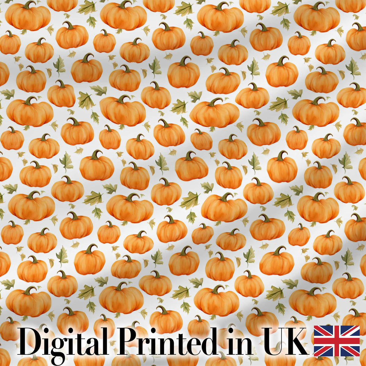 Watercolor Pumpkins and Leaves Seamless Pattern Soft White Background Fabric Digital Print Fabric by the Metre UK Sewing Quilting Textile